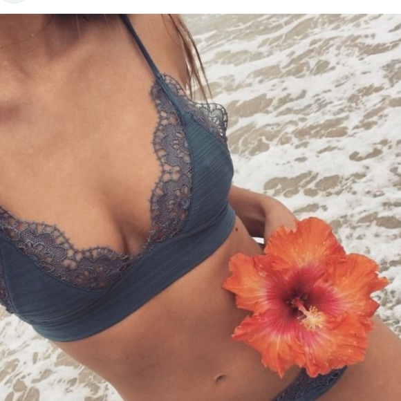 For Love and Lemons Swim | Taylor Lace Trim Triangle Bikini Top Teal Sz Medium - Picture 3 of 7